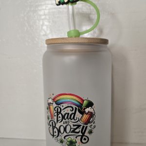 St. Patrick's day. 16 OZ frosted tumbler, bad and boozy. UV DTF