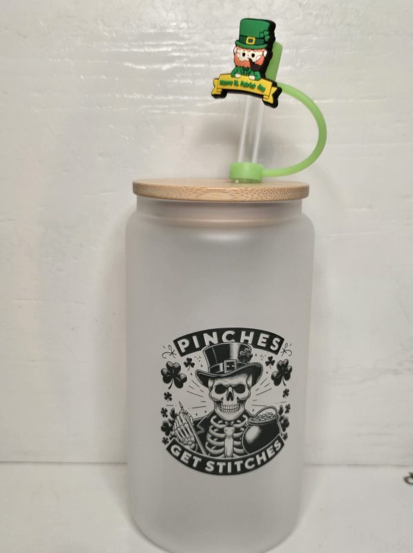 St. Patrick's Day, 16 OZ frosted tumbler. Pinches get stitches. UV DTF