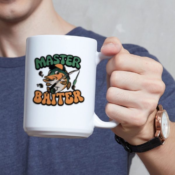 Master Baiter Funny Fishing Fathers Day 15 Oz Coffee Mug Ceramic Tea Cup UV Transfer Gift for Dad Fisherman Angler